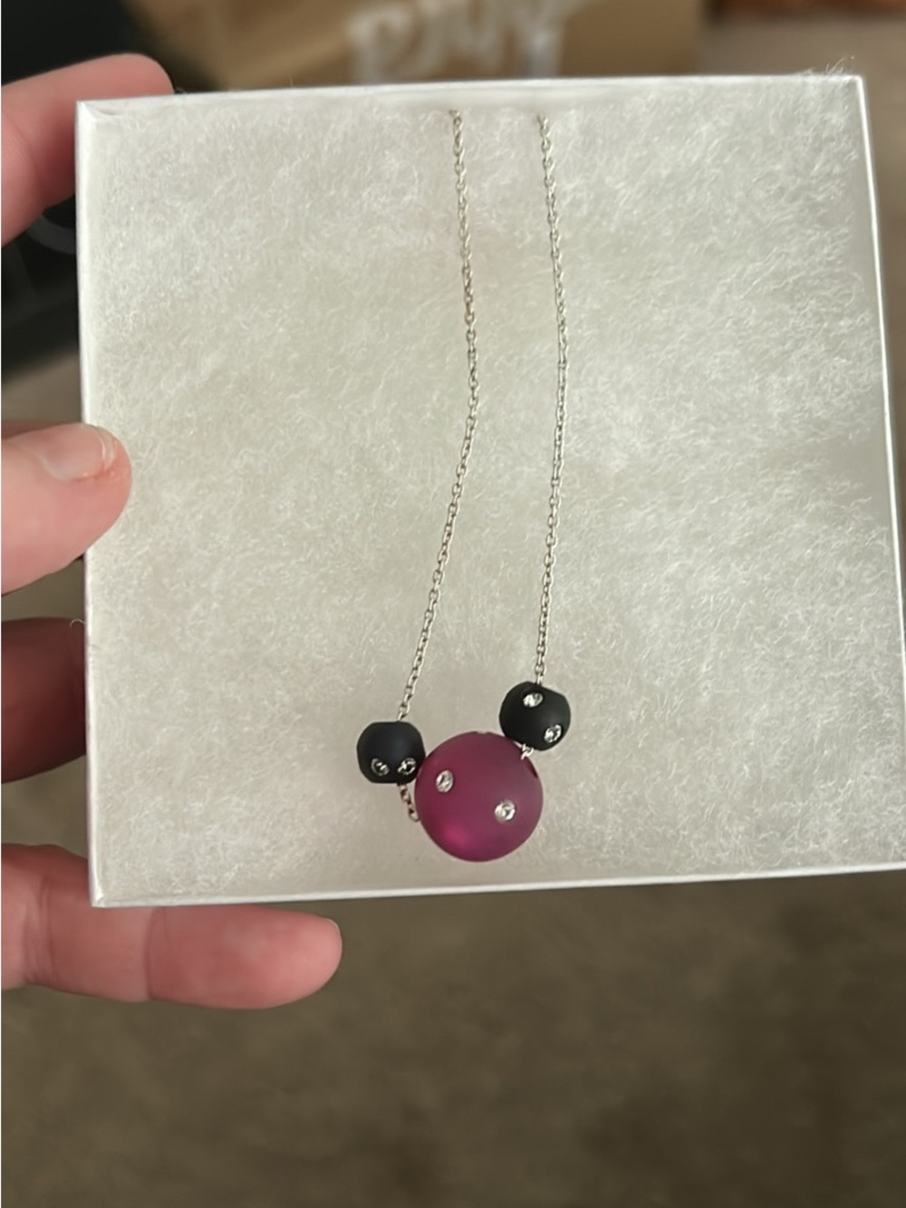 Silver Chain Necklace with Pink and Black Bead Accents